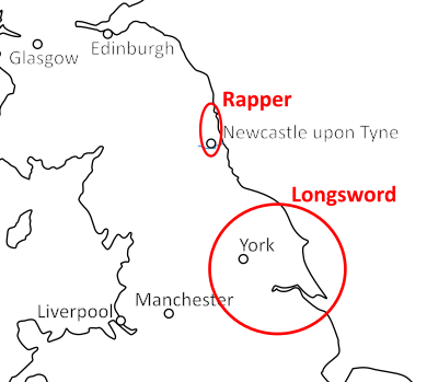 Rapper en longsword gebieden in Engeland